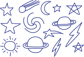 Hand drawn collection of celestial objects and cosmic symbols