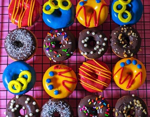 mini donas de colores en plano cenital sobre rejilla de enfriamiento