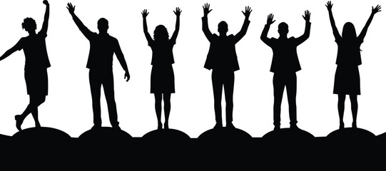 Business success, teamwork celebration, silhouette professionals, raised hands, leadership, motivation, career growth, unity, achievement, recognition, corporate victory, goal reached, winning moment