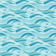Seamless pattern of stylized blue and turquoise ocean waves with small fish swimming within.