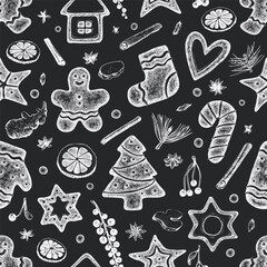 Vintage Hand Drawn Vector Seamless Pattern of Gingerbread. Not AI Generated. Chalk Board Retro Christmas Pastry Engraved Old Style Illustration