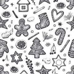 Vintage Hand Drawn Vector Seamless Pattern of Gingerbread. Not AI Generated. Retro Christmas Pastry Engraved Old Style Illustration