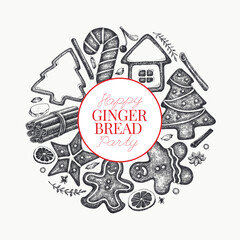 Vintage Hand Drawn Vector Design Template of Gingerbread. Not AI Generated. Retro Christmas Pastry Engraved Old Style Illustration