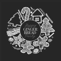 Vintage Hand Drawn Vector Design Template of Gingerbread. Not AI Generated. Chalk Board Retro Christmas Pastry Engraved Old Style Illustration