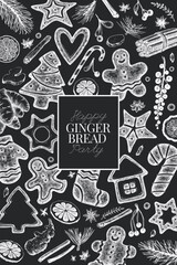 Vintage Hand Drawn Vector Design Template of Gingerbread. Not AI Generated. Chalk Board Retro Christmas Pastry Engraved Old Style Illustration