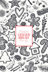 Vintage Hand Drawn Vector Design Template of Gingerbread. Not AI Generated. Retro Christmas Pastry Engraved Old Style Illustration