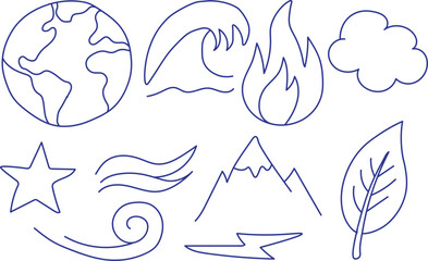 Simple line drawing of the four classical elements and nature symbols