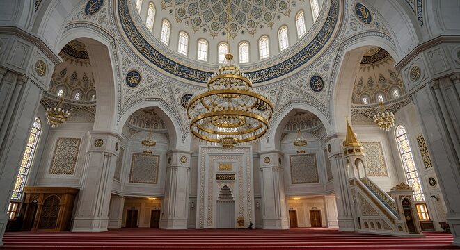 Grand Interior View of a Mosque with Ornate Chandelier and Domed Ceiling.