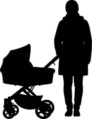 Black silhouette of a woman standing with a baby stroller.