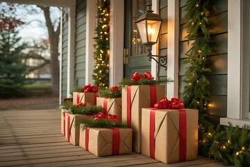 Obraz premium Christmas presents wrapped in brown paper with red ribbon on a porch