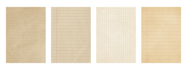 Vintage lined and grid checkered paper set, aged notebook sheet, retro beige stationery background, old texture writing papers template