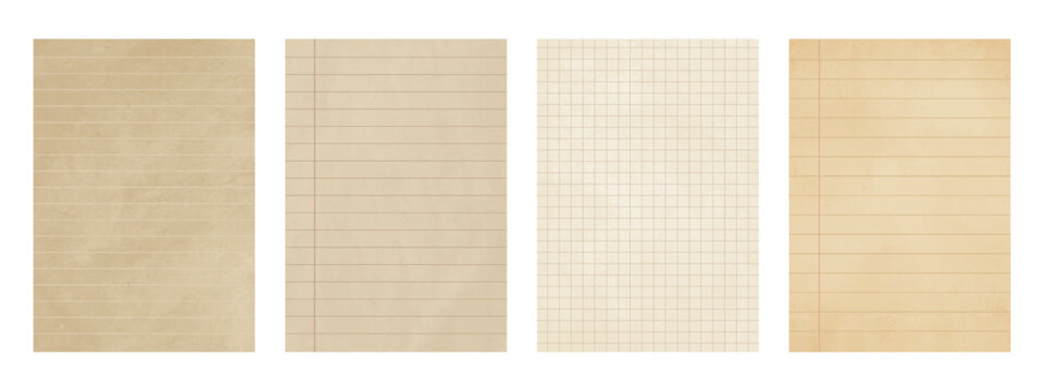 Vintage lined and grid checkered paper set, aged notebook sheet, retro beige stationery background, old texture writing papers template