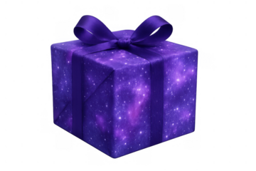Gift box wrapped in purple galaxy paper with matching ribbon and bow, symbolizing universal surprise, cosmic events, and special celebration