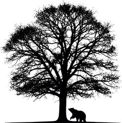 Silhouette of a Bear Under a Large Tree with Bare Branches.