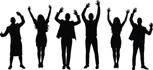 Business team silhouette, corporate success, teamwork celebration, raised hands, professional unity, group achievement, leadership, motivation, office people, career growth