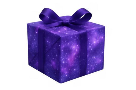 Gift box wrapped in purple galaxy paper with matching ribbon and bow, symbolizing universal surprise, cosmic events, and special celebration - Powered by Adobe