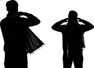 Two men in silhouette adjusting their scarves captured against a stark white background.