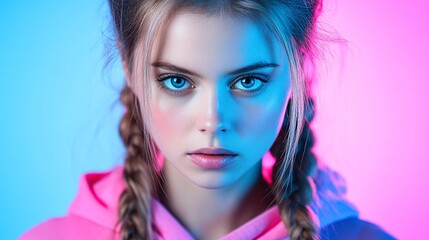 vibrant portrait of young woman with braided hair in neon lighting