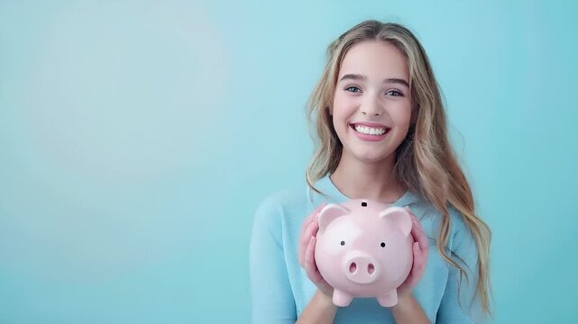 Money saving deposit financial planning concept. A young girl holding a pink piggy bank against a turquoise background.