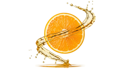 A vibrant image showcasing a half orange with a dynamic juice splash swirling around it, isolated on transparent background, capturing the essence of freshness, vitality, and the natural goodness of c