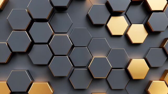 Golden hexagons move on a dark background creating an abstract and futuristic seamless loop