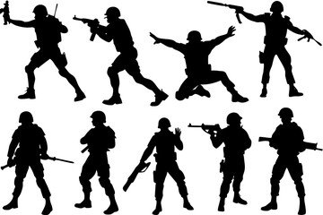 set of Army Action Pose Silhouette Vector illustration Isolated on White Background
