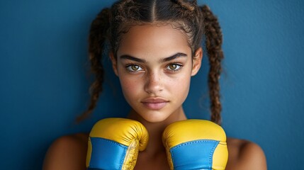 empowered young female boxer with yellow and blue gloves against blue wall