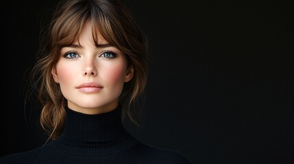 striking portrait of a young woman with blue eyes and turtleneck in low-key lighting