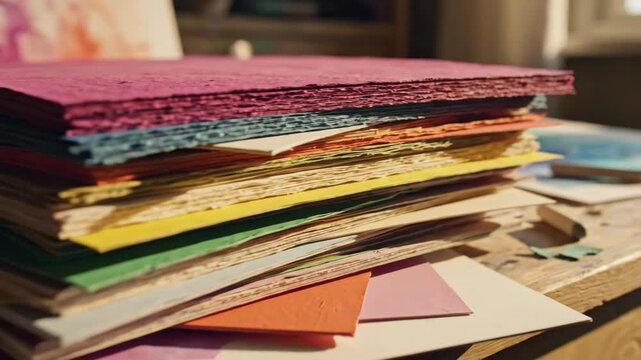 Stack of Colorful Handmade Paper - A thick stack of assorted colorful handmade paper sits on a wooden surface.