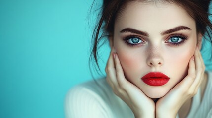captivating portrait of a beautiful woman with stunning blue eyes and bright red lips for fashion, beauty, and makeup advertising