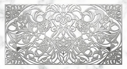 Vector illustration of intricate silver filigree metalwork with ornate floral and animal motifs, set against a marbled background