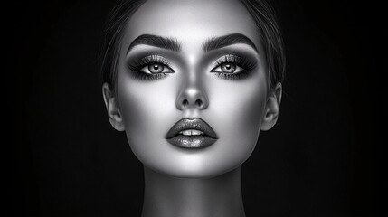 stunning black and white portrait of glamorous woman with bold makeup and intense eyes