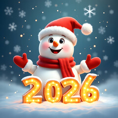 A cheerful snowman wearing a Santa hat and red scarf stands in the snow, holding up the glowing numbers 2026.