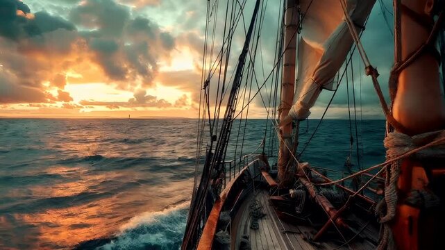 A vivid portrayal of a sailing ships deck during sunset. The ships sails are billowing, and the deck is adorned with ropes, pulleys, and other sailing paraphernalia.