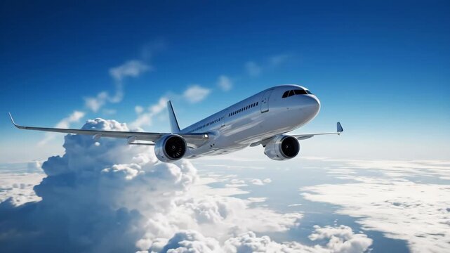 Airplane Flying Above Clouds - A passenger airplane is seen flying through a partly cloudy sky, with a view of the clouds beneath. The aircraft is captured head-on as it soars through the air.