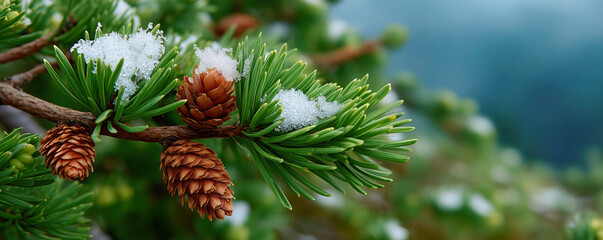 Close-up of snowflakes resting on a pine branch in natural park. Winter panoramic view.