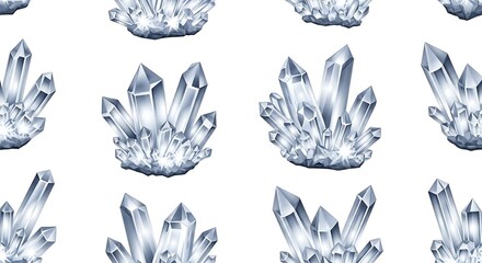 Vector illustration of seamless pattern of clear quartz crystal clusters on a white background, isolated on white background