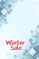 Winter sale announcement with geometric snowflakes and light blue background