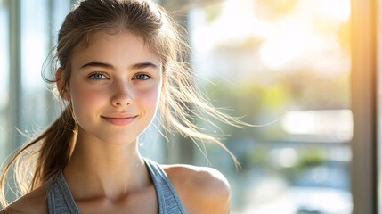 bright smiling young girl with blue eyes and natural light, portrait of happy teen in sunlit room