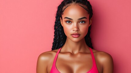 stunning young woman with braided hair and bright pink sportswear against pink background