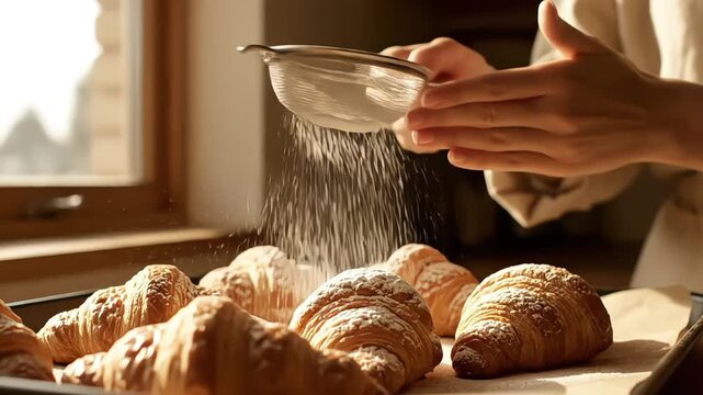 A person's hands delicately sift powdered sugar over a tray of golden croissants, creating a sweet finish.