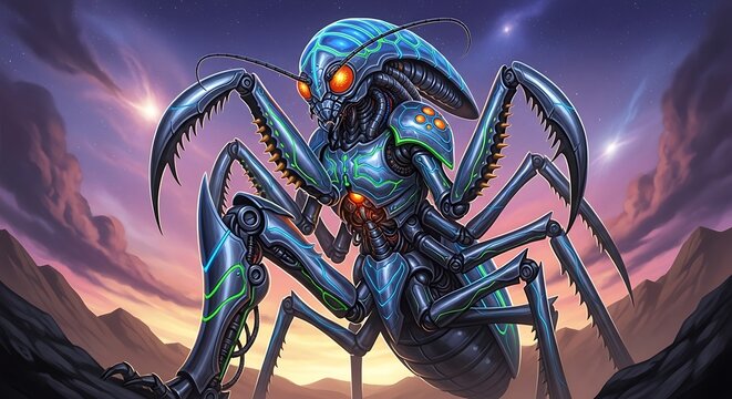 Alien Insectoid Creature with Glowing Eyes in a Sci-Fi Landscape.