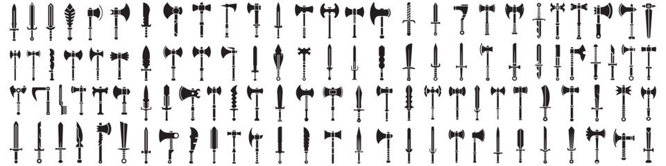 Set of nine cyberpunk weapons, swords, maces, axes. Homemade weapons made of nails, pipes, fittings, etc. Cold cyberpunk weapons. Vector Black silhouettes. with white background