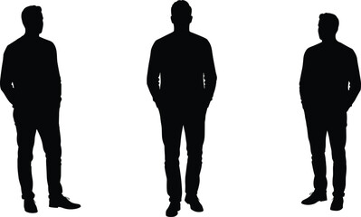 Casual male silhouette, standing pose, front and side view, fashion figure, black outline, isolated on white, vector illustration