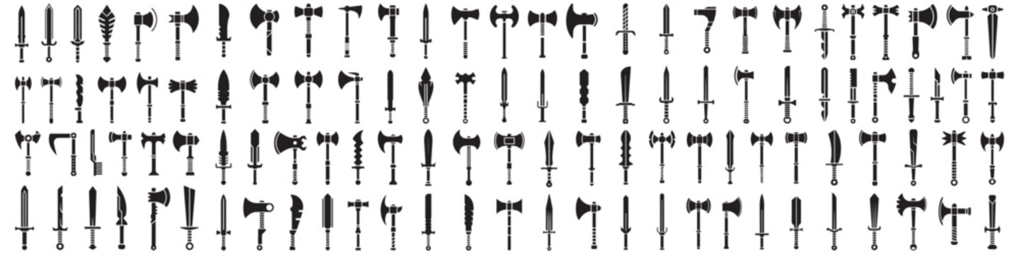 Set of nine cyberpunk weapons, swords, maces, axes. Homemade weapons made of nails, pipes, fittings, etc. Cold cyberpunk weapons. Vector Black silhouettes. with white background