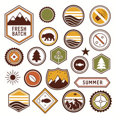 Outdoor Adventure Emblem Assortment With Mountains Bears Fish And Trees Keywords outdoor, adventure.