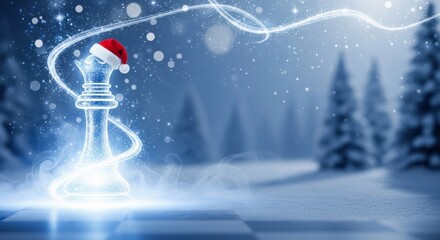 Chess piece adorned with a festive Santa hat, glowing in a winter wonderland, surrounded by snow-covered trees and sparkling lights, creating a magical holiday atmosphere