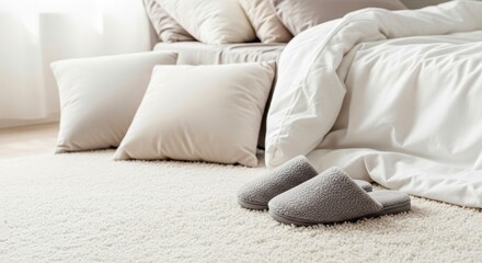 Cozy bedroom scene featuring plush slippers on soft carpet, surrounded by decorative pillows and a neatly made bed, creating a warm and inviting atmosphere for relaxation