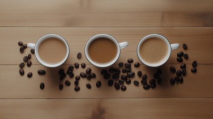 Coffee cups with latte art surrounded by roasted beans