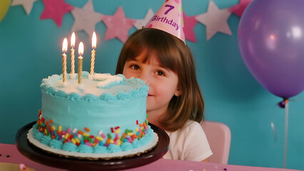 Little girl celebrating her 7th birthday with a colorful cake
